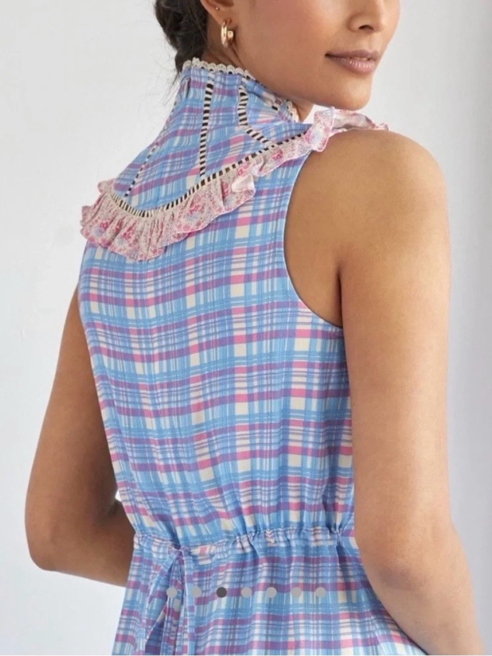 Anthropologie Blue and Pink Plaid Ruffle Mock-Neck Dress